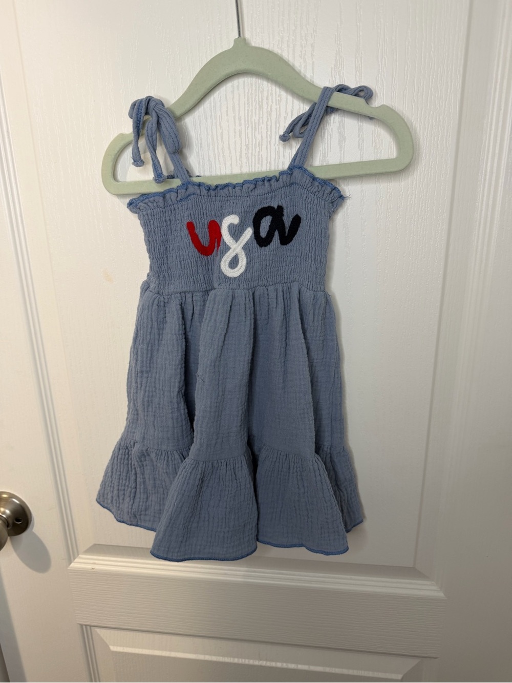 Girls Light Blue Smocked USA Tie-Shoulder Dress